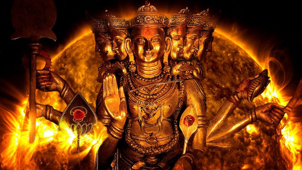Lord Subramanya against an image of the sun