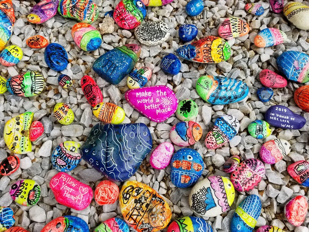 Painted pebbles Pebbles on a beach painted by children