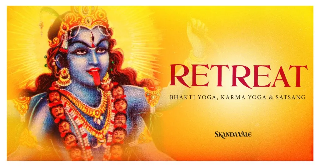 A banner with an image of Kali, promoting spiritual retreats.